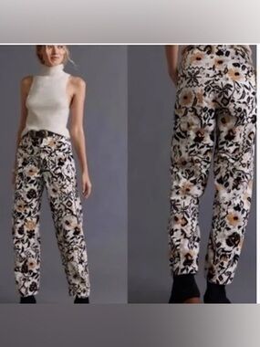 Anthropologie White, Black & Tan Floral Cropped Cargo Pants
